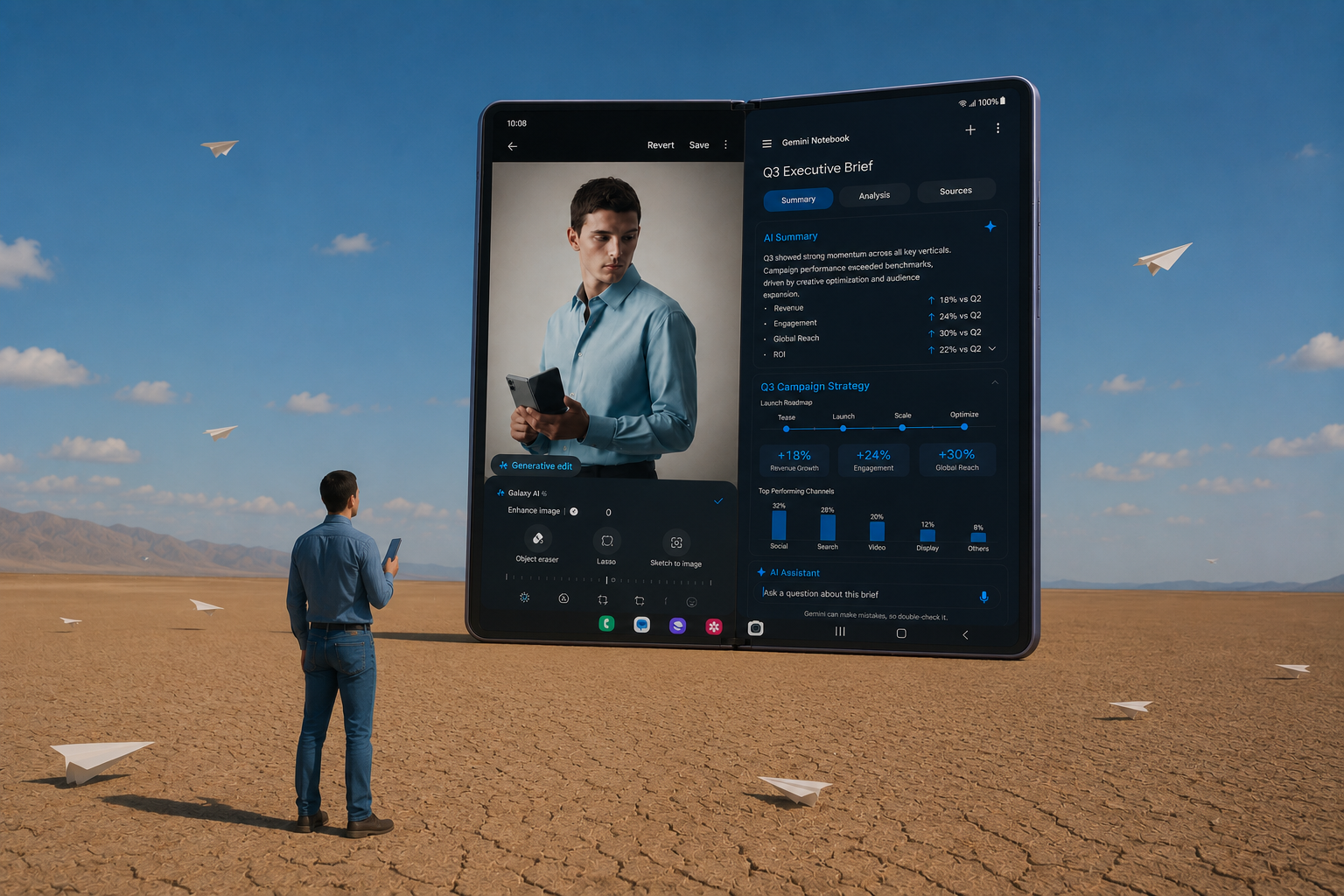 A man in a desert looks up at a giant unfolded Galaxy Z Fold8 Ultra while paper planes drift across the sky