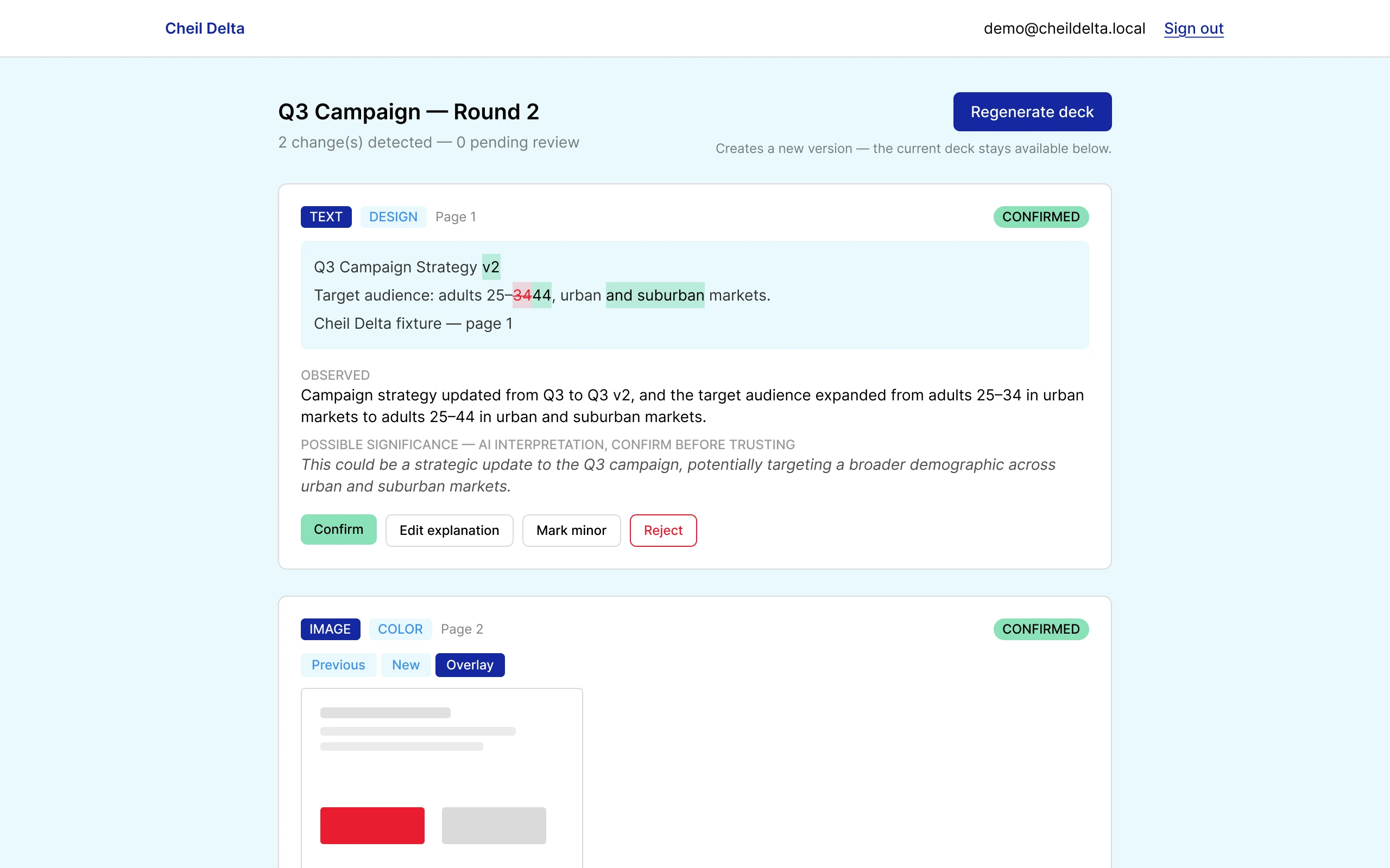 Cheil Delta review screen: AI-flagged changes between two versions of a campaign file, each waiting for a person to confirm, edit, or reject it